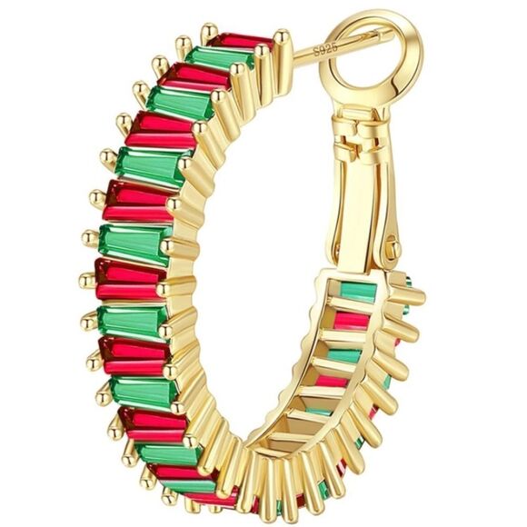 14K Yellow Gold with Ruby and Emerald Cubic Zirconia Hoop Leverback Earrings - Picture 2 of 6